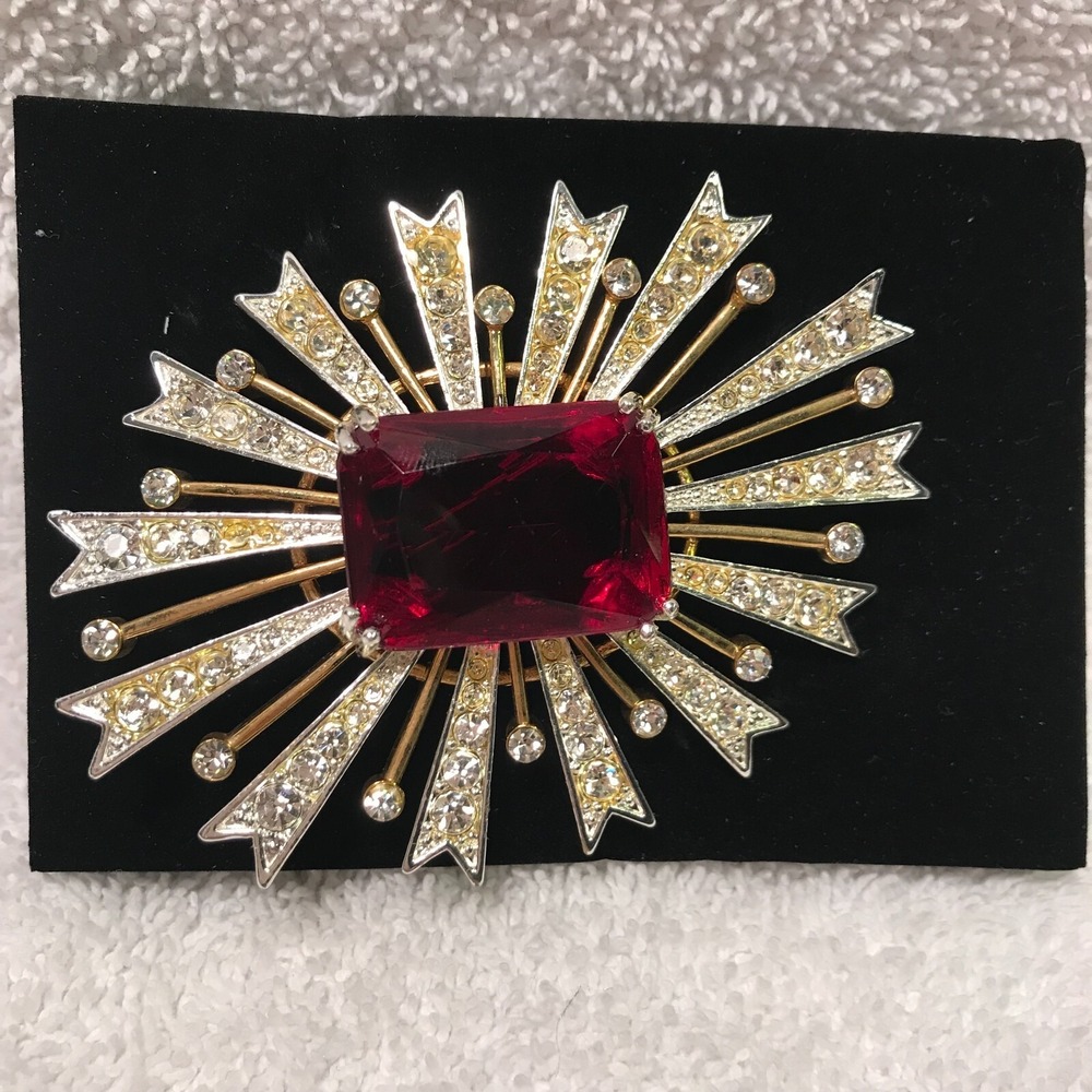 Avon 2005 Kenneth Jay Lane Shimmering Rhinestone Pin with Red Stone